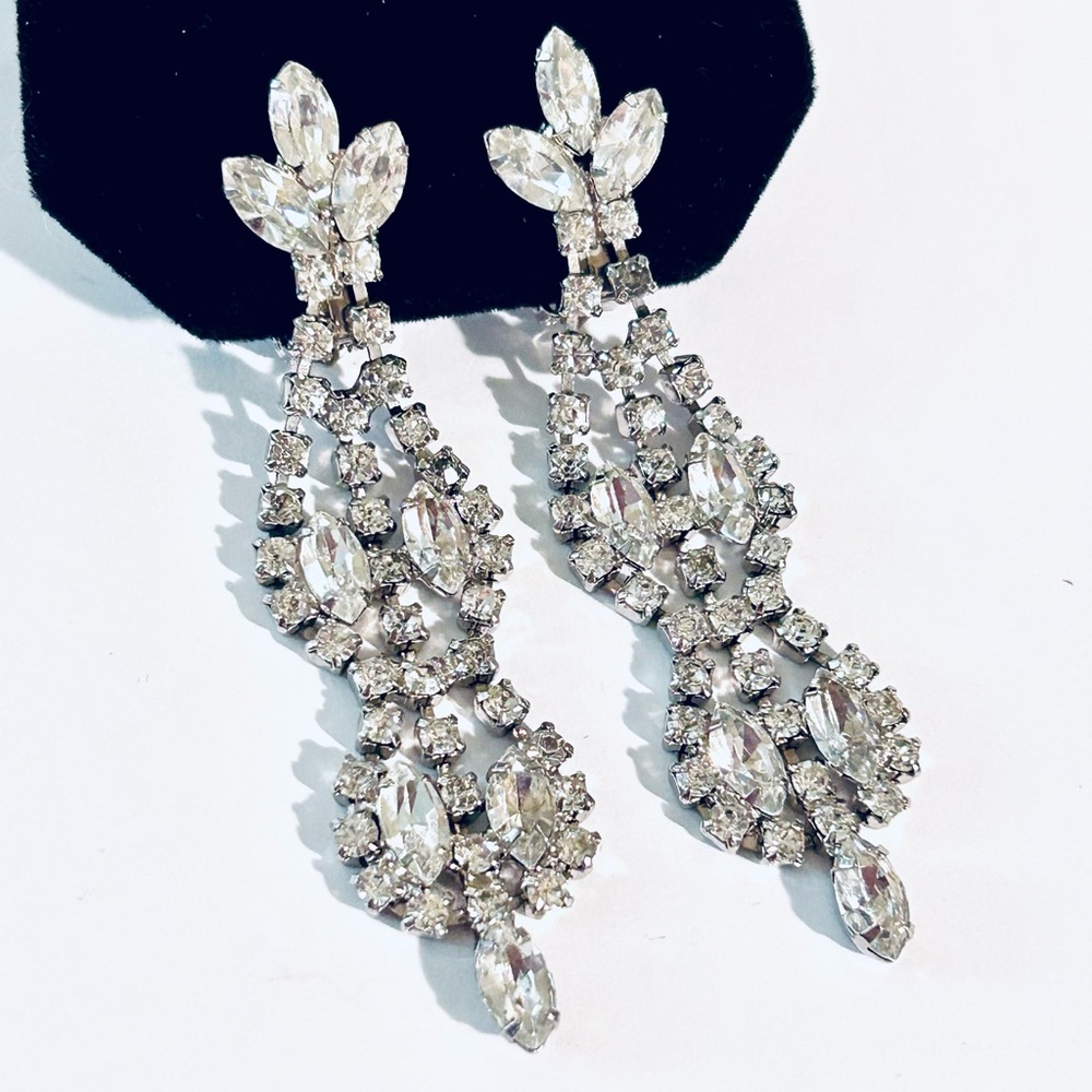 Statement Rhinestone Drop Clip-On Earrings - Clear Rhinestone Chandelier - Picture 2 of 7